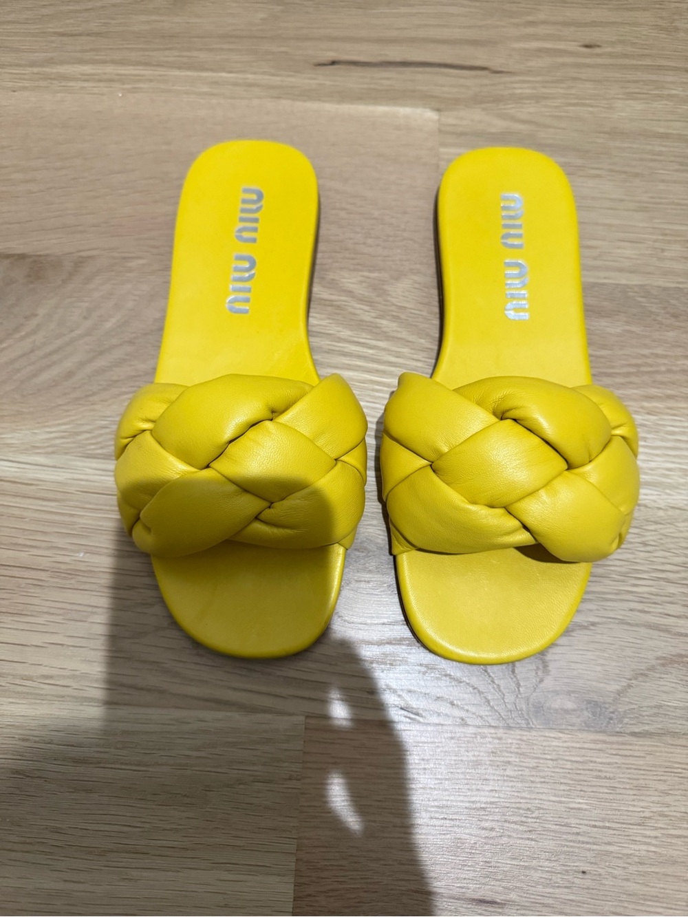 Miu Miu Yellow Braided Leather Slides